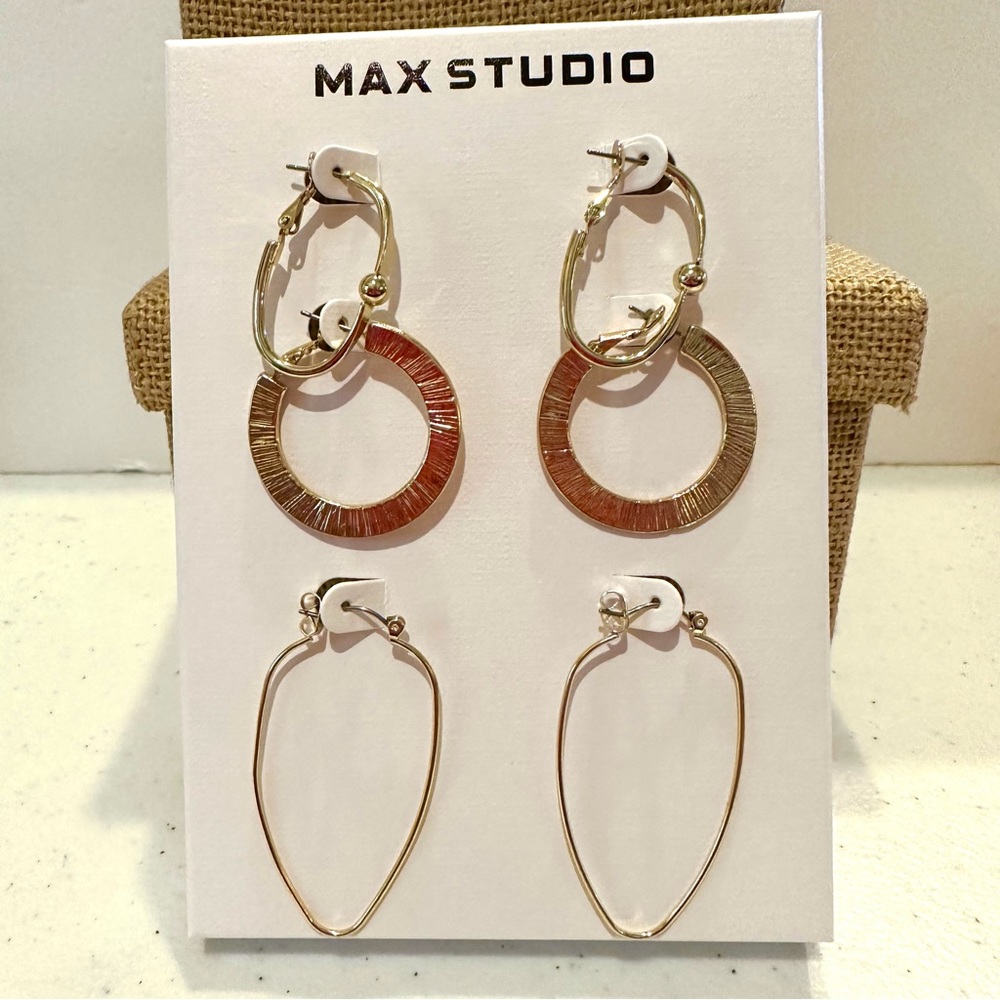 New in Box Max Studio Set of 3 pairs of Earrings, gold tone Hoops